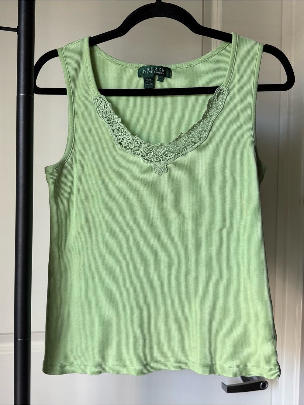 Lauren Ralph Lauren Mint Green Lace-Trim Tank Ribbed Coquette Romantic Large